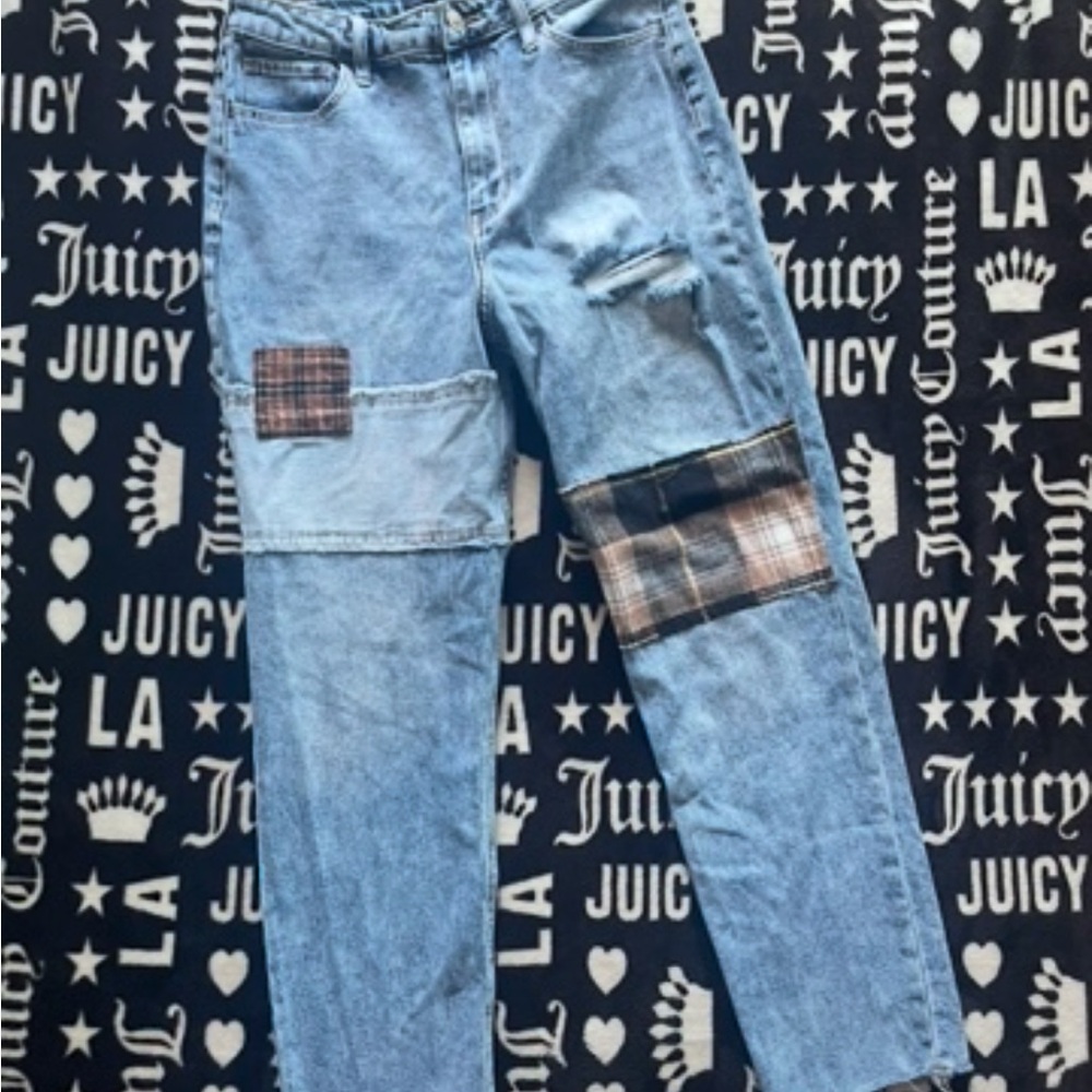 Hollister Blue Relaxed Jeans with Distressing and Patchwork
